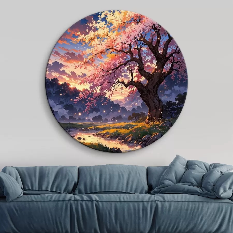 Wandbilder Ein Baum mit rosa Blüten, durch den ein Fluss fließt r38645