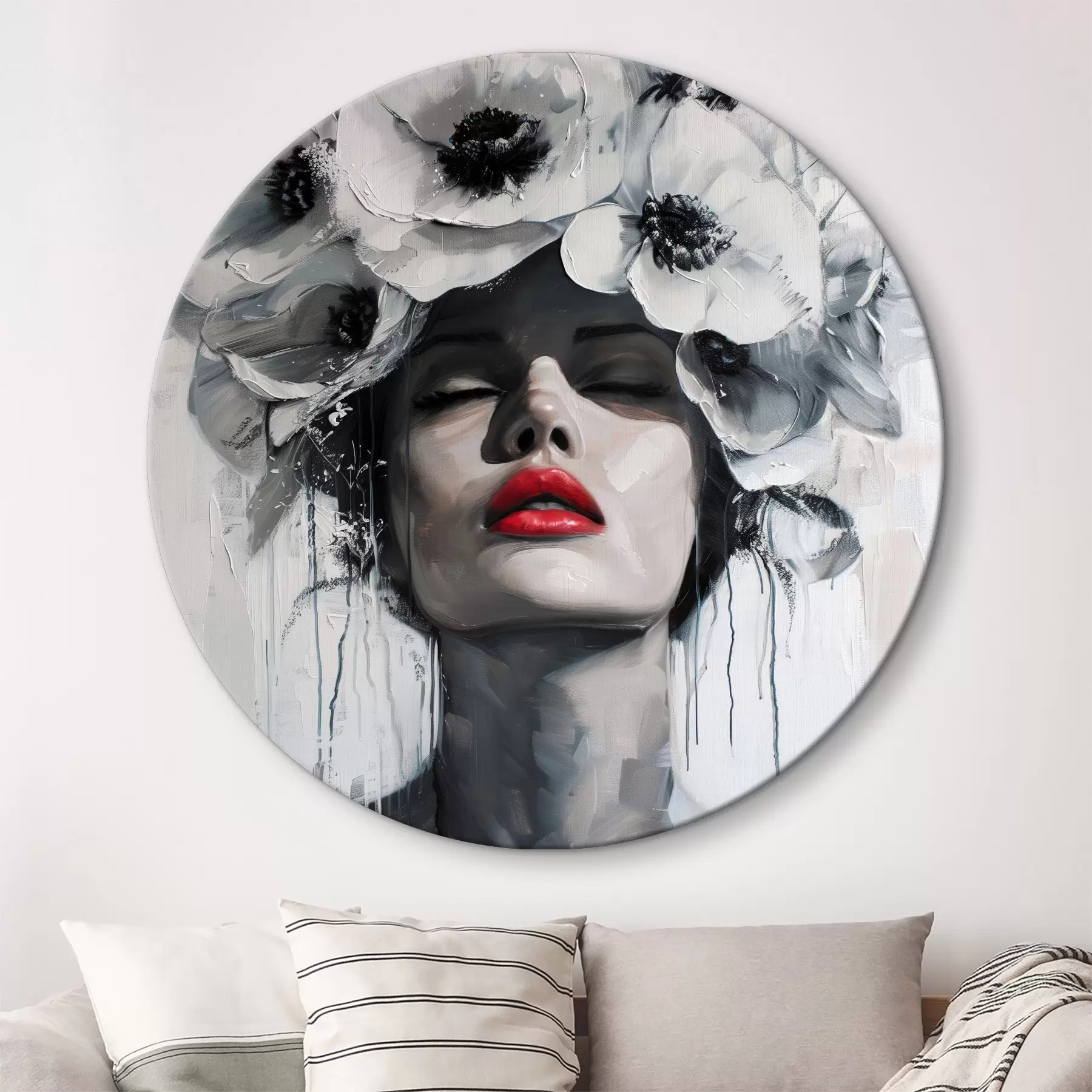 Wandbilder Portrait einer Frau mit Blumen im Haar und roten Lippen r39253