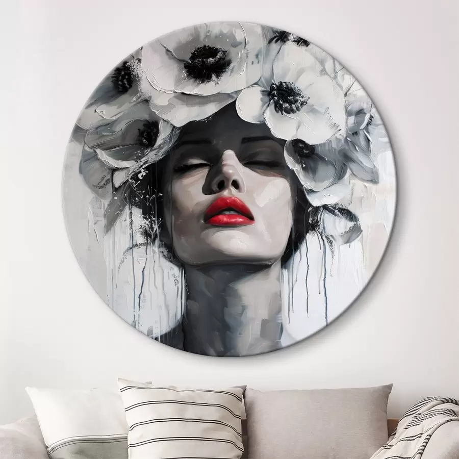 Wandbilder Portrait einer Frau mit Blumen im Haar und roten Lippen r39253