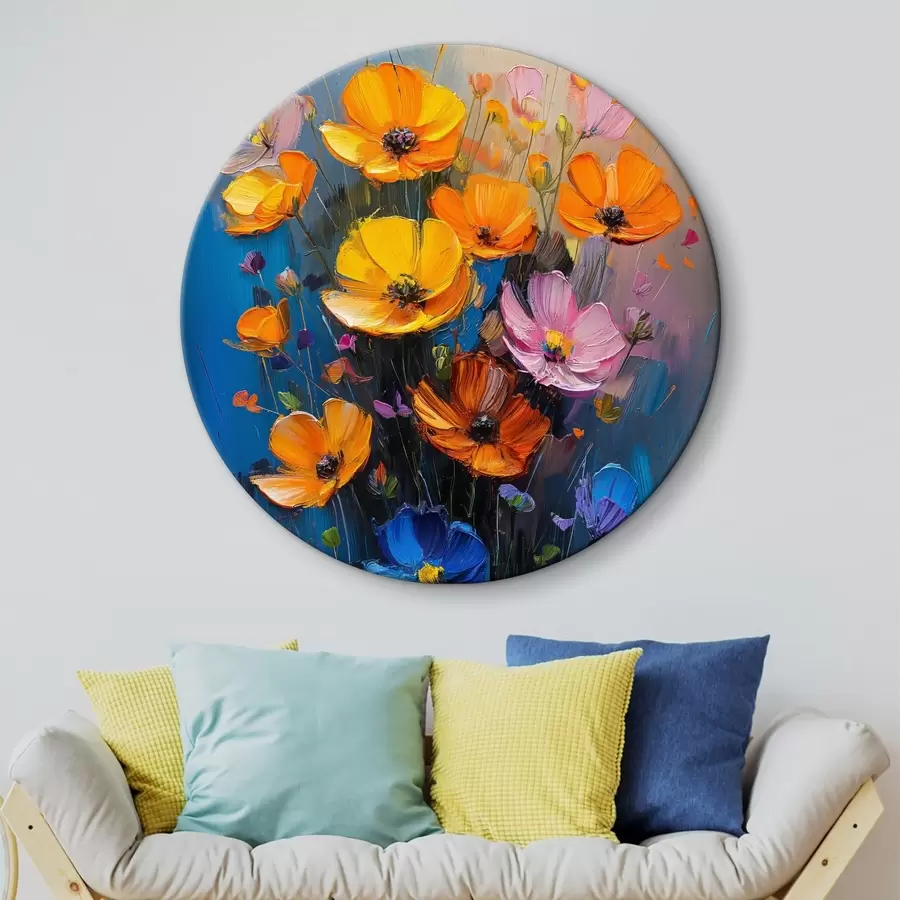 Wandbilder Gemalte Symphonie: hellgelbe, orangefarbene, rosa und blaue Pinselstriche von Mohnblumen r39454