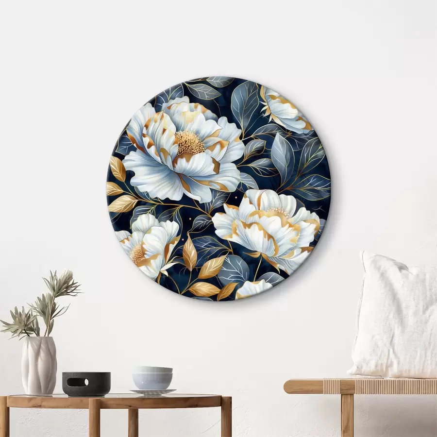 Wandbilder Weiße Pfingstrosen und Rosen mit Umriss, blauen Blättern und floralen Mustern im Hintergrund r39457