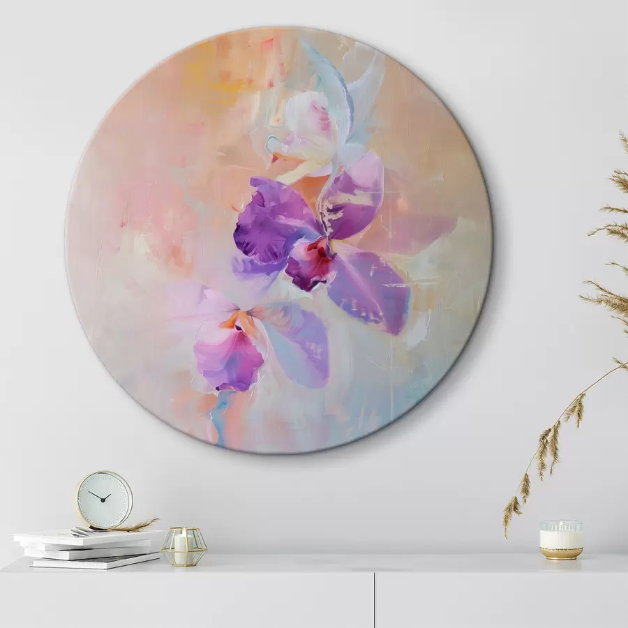 Wandbilder Impressionistisches Orchideenbild, helle Pastellfarben, halbabstrakter botanischer Druck, mit neutralem Hintergrund r39463