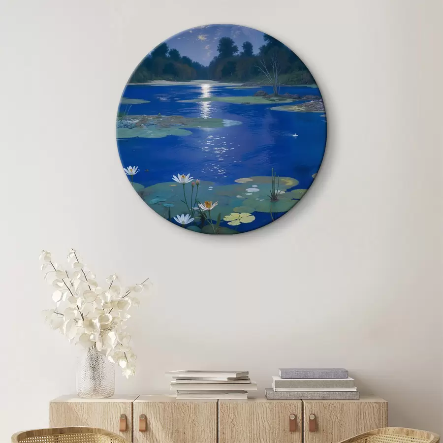 Wandbilder See bei Nacht mit Vollmond, der sich im Wasser spiegelt, mit grünen Bäumen und Seerosen r39526