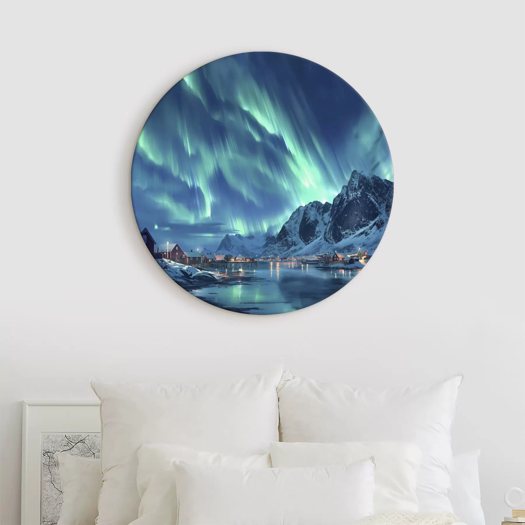 Wandbilder Norwegen Winterdorf, Nordlicht, Nachthimmel r40300