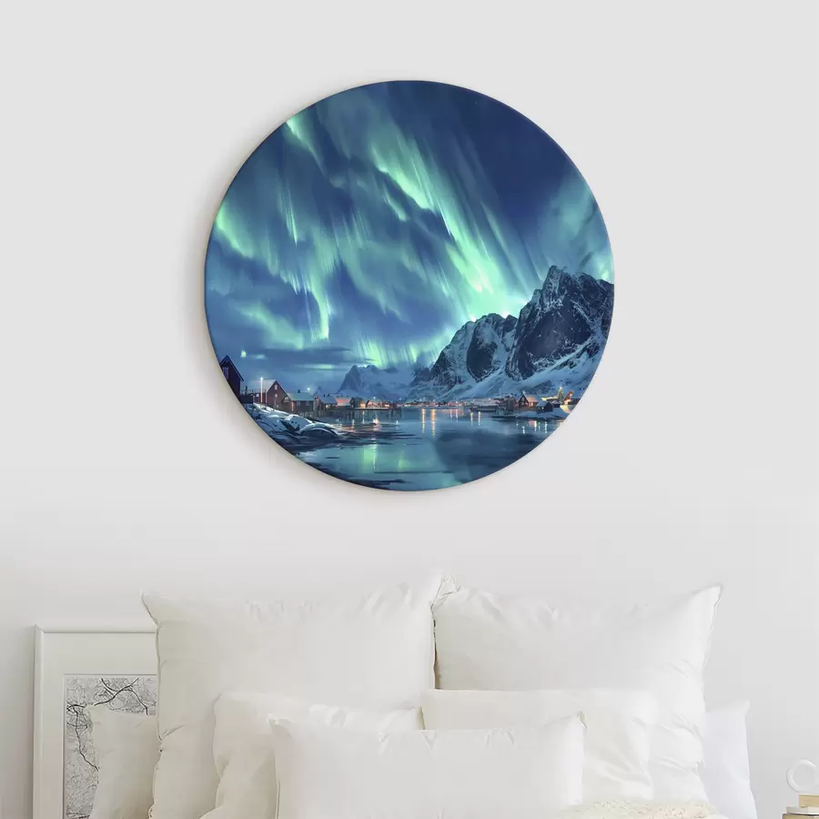 Wandbilder Norwegen Winterdorf, Nordlicht, Nachthimmel r40300