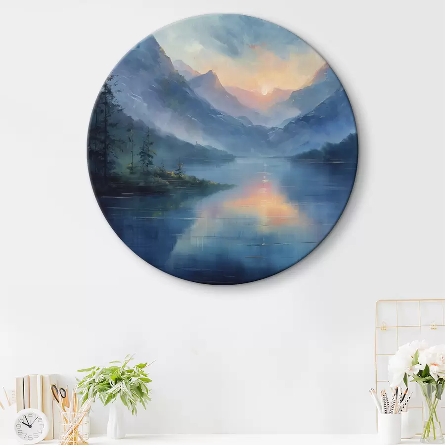 Wandbilder Sonnenuntergang in den Bergen, Nebel, Fluss, Wald, Ölgemälde r40302