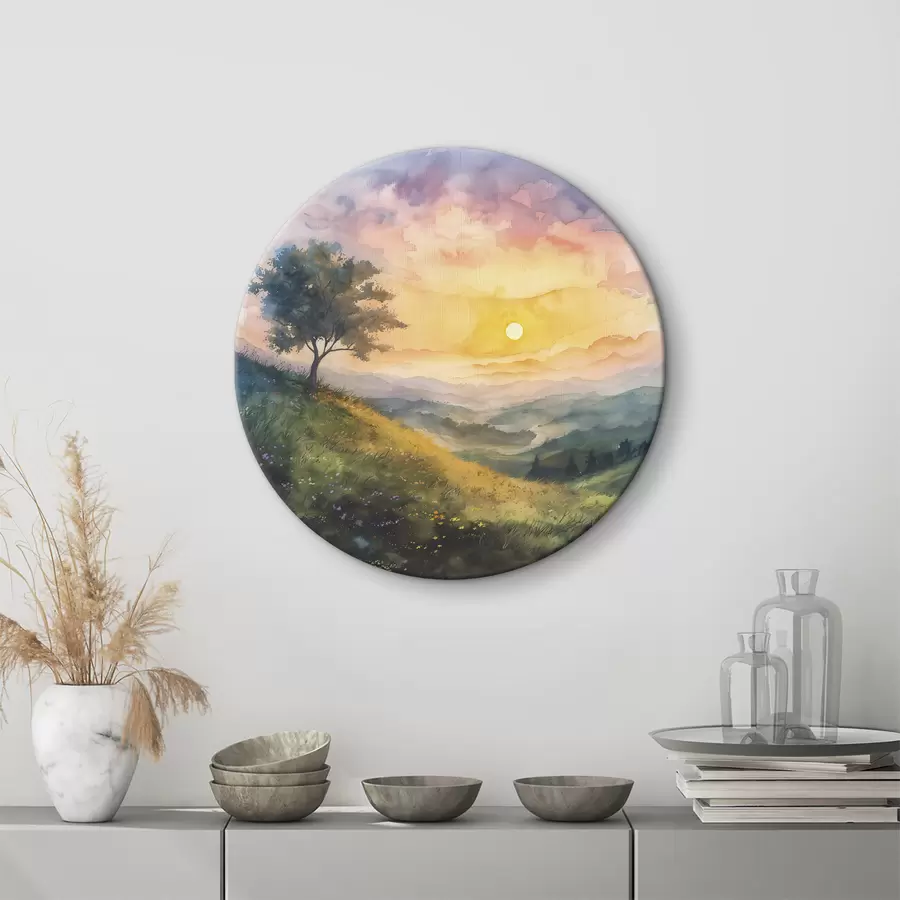 Wandbilder Wiese mit Hügeln und Bäumen, Blumen, Aquarell r40303