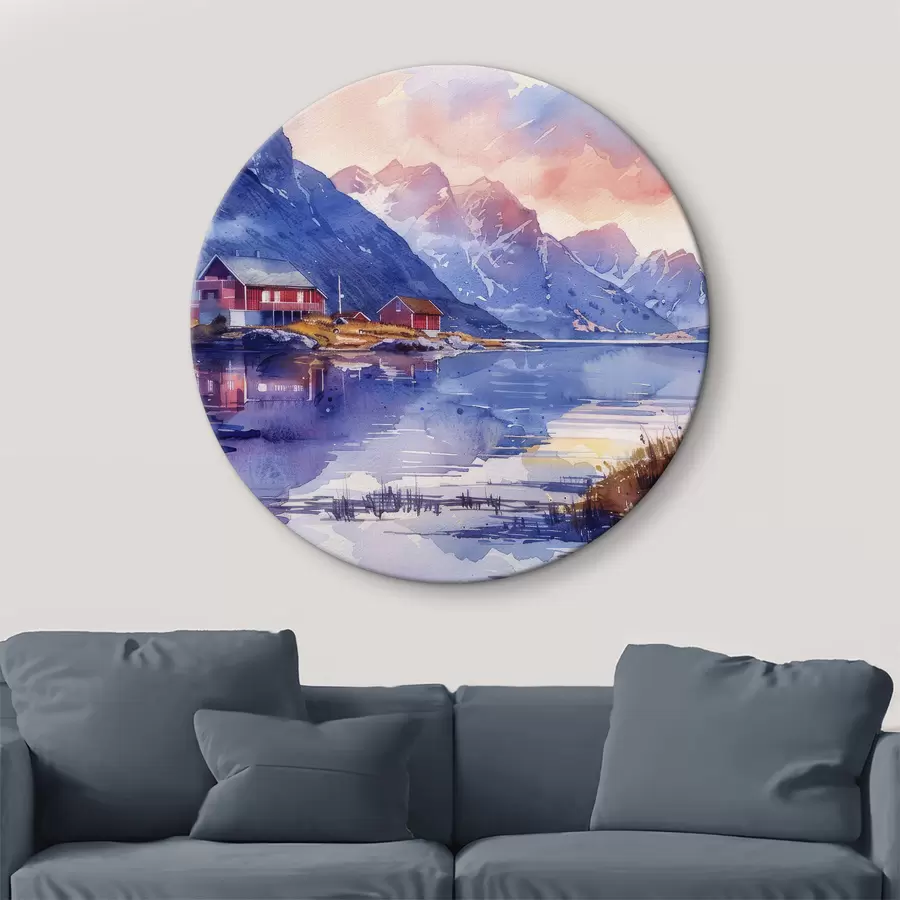 Wandbilder Norwegisches Dorf, Sonnenuntergang Himmel, ruhigen Fluss, Berge, Aquarell r40311