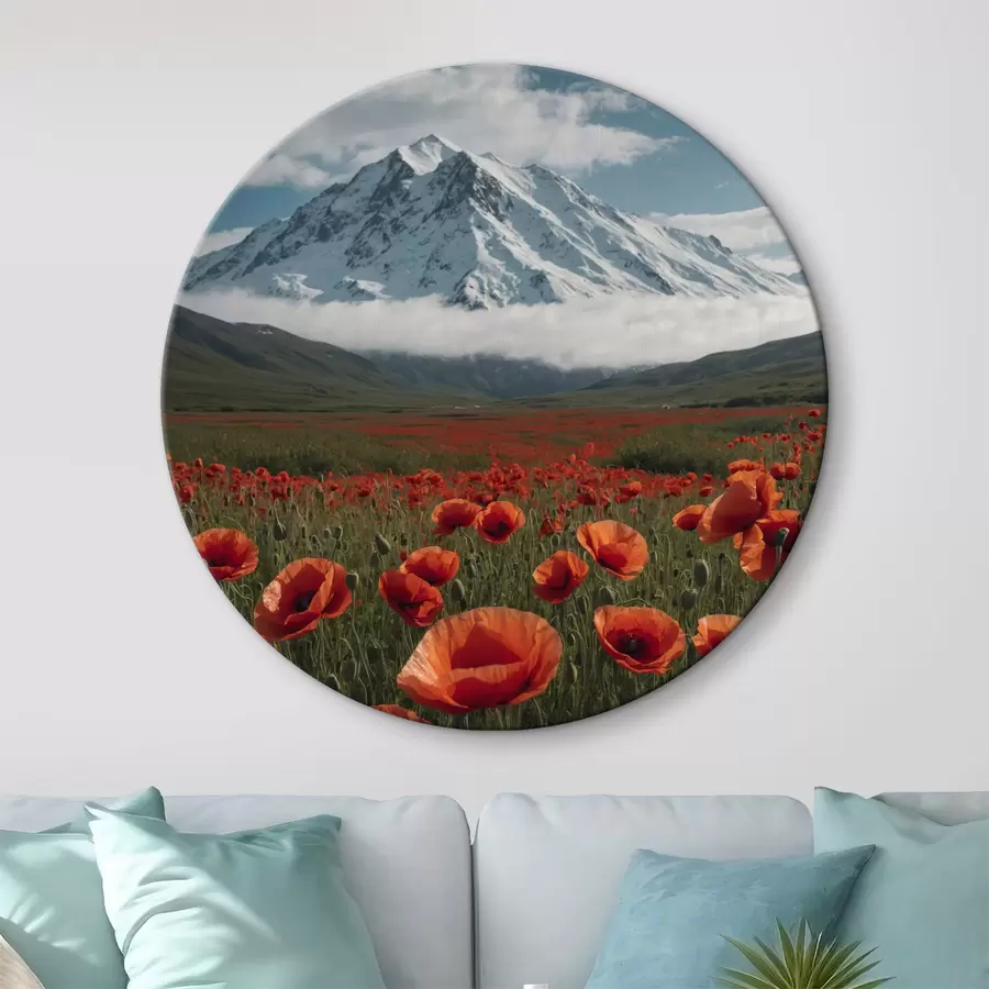 Wandbilder Ein Mohnblumenfeld vor dem Hintergrund der schneebedeckten Berge r40469