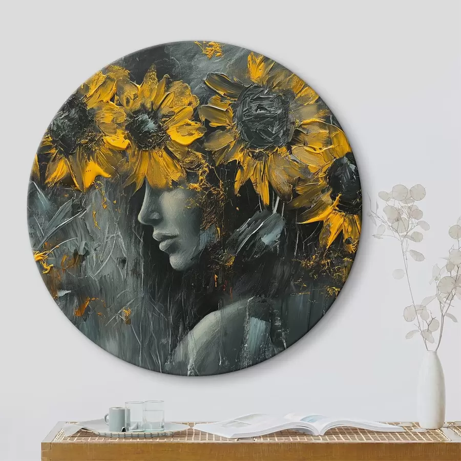 Wandbilder Abstrakte Sonnenblumen bedecken das Gesicht des Mädchens r40501