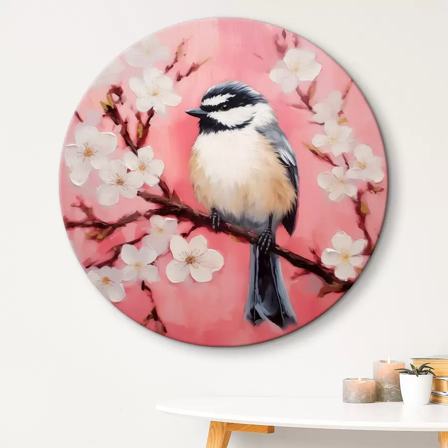 Wandbilder Der Vogel sitzt auf einem Zweig mit weißen Blumen auf einem rosa Hintergrund r40517