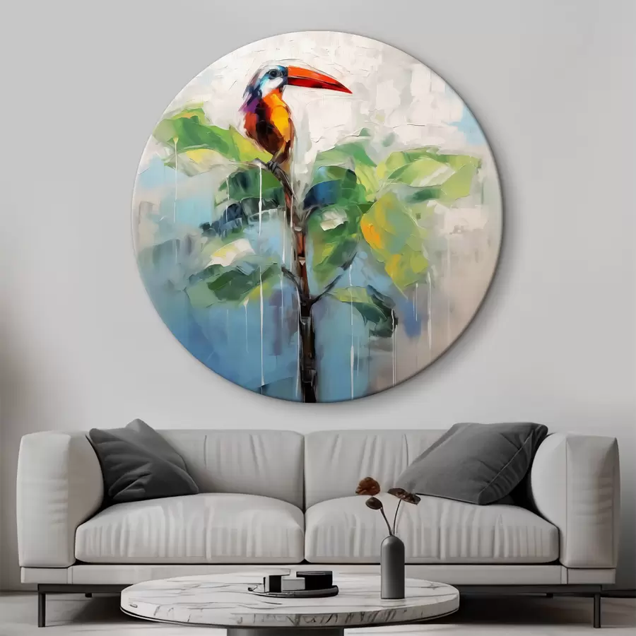 Wandbilder Abstrakte Tukan sitzt auf Bananenpalme, grün, blau, grau, gelb, rot Farbe r40518