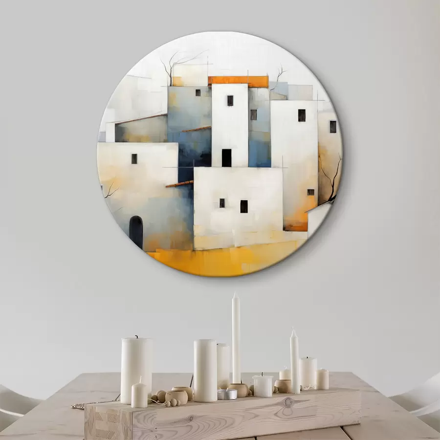 Wandbilder Weiße stilisierte abstrakte Häuser, rote, orange, gelbe, blaue Farben r40531