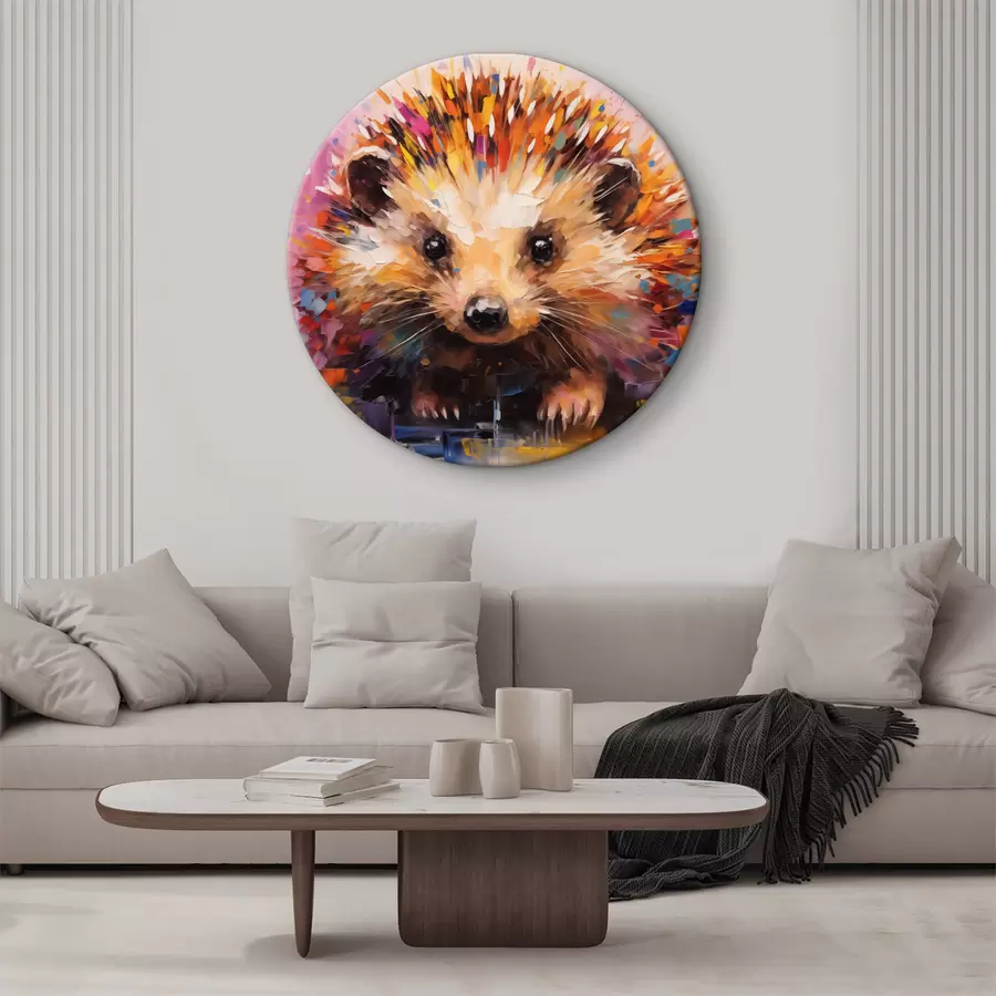 Wandbilder Porträt eines Igels in leuchtenden Farben: gelb, lila, blau, orange, braun r40532