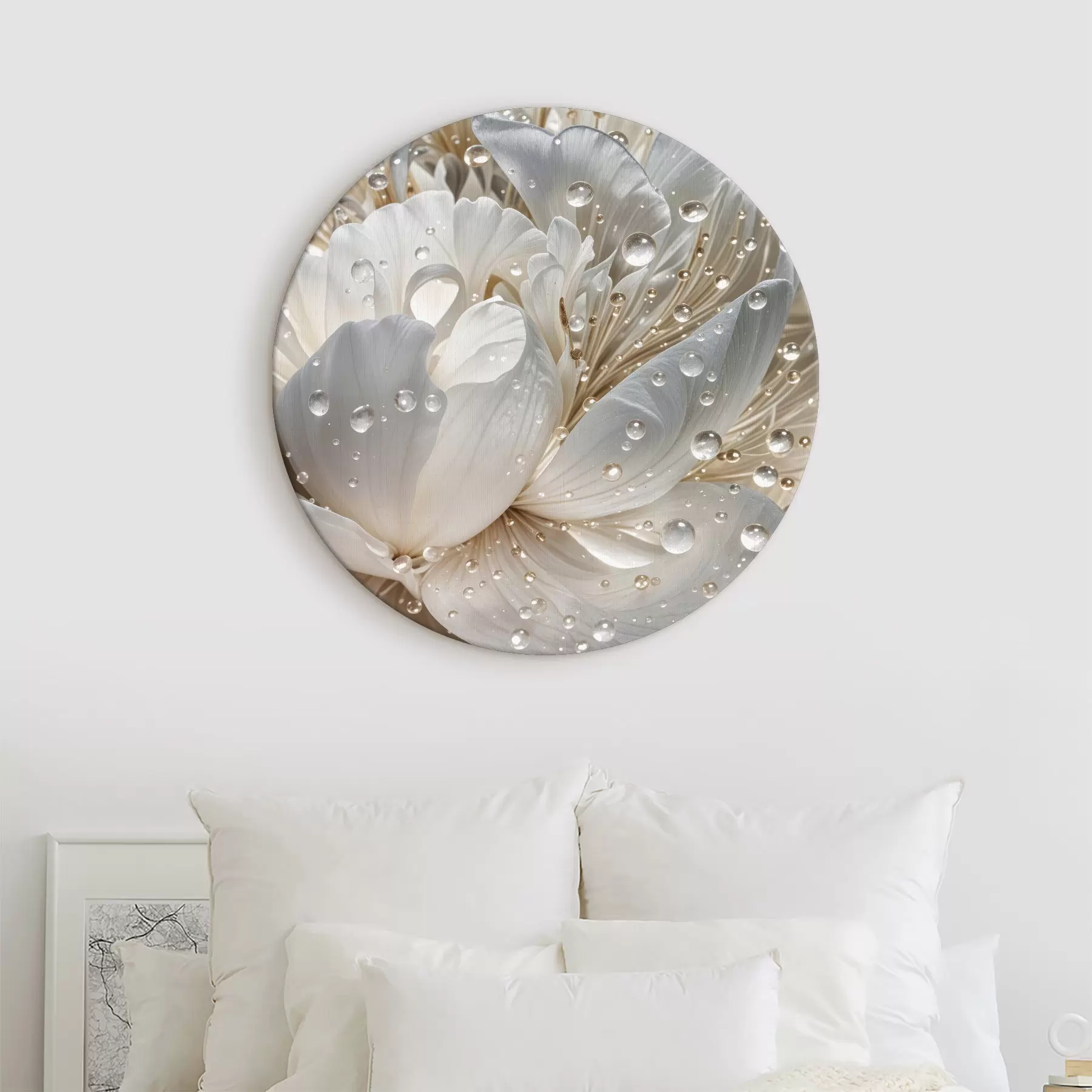 Wandbilder Nahaufnahme einer weißen Pfingstrose mit Wassertropfen auf den Blütenblättern, vor einem unscharfen Hintergrund r40539