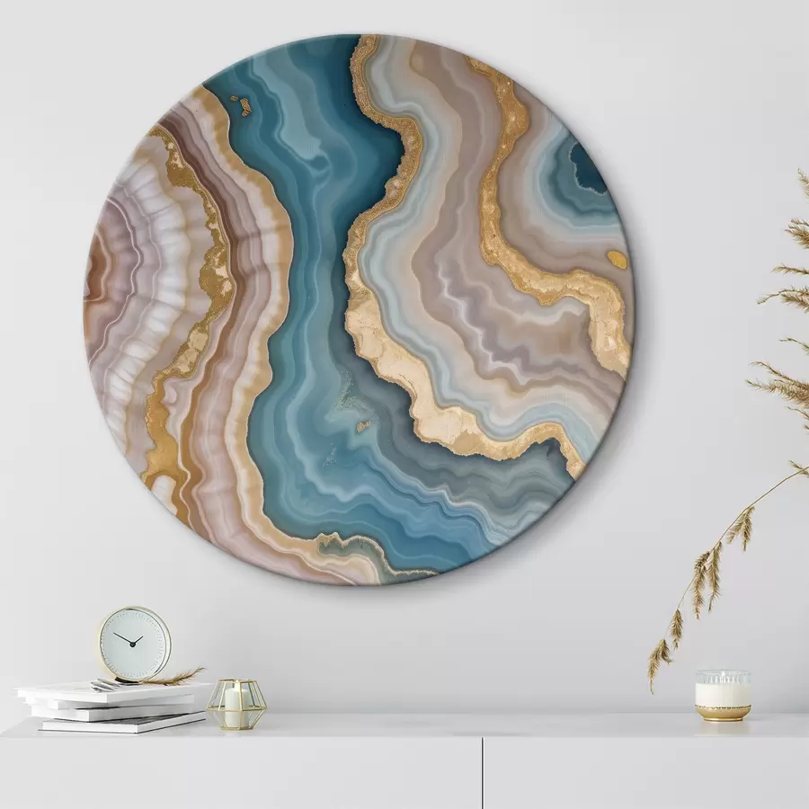 Wandbilder Farbenfroher abstrakter Achatstein mit wirbelnden Mustern und Schichten in Türkis, Beige, Rosa und Gelb r40540