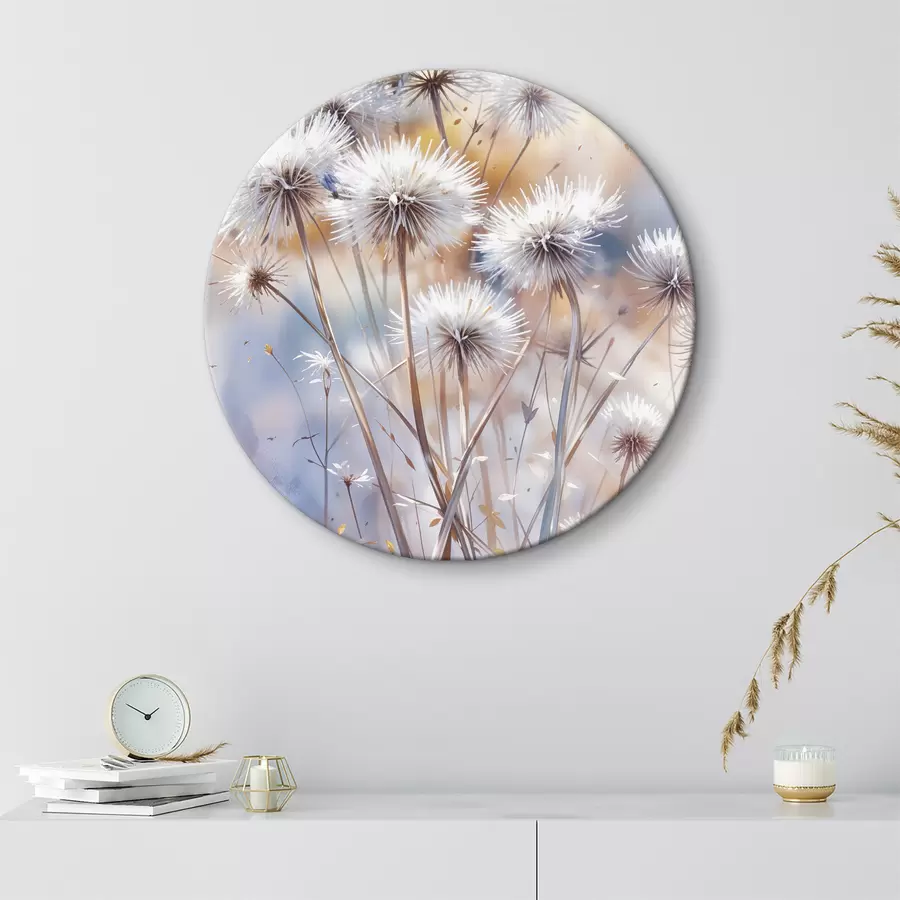 Wandbilder Fluffy weißen Löwenzahn Blumen auf einem verschwommenen Aquarell Hintergrund mit warmer Beleuchtung r40541