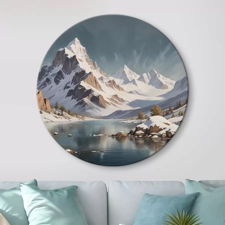 Wandbilder Eine verschneite Bergkette, die sich in einem ruhigen See spiegelt, mit Booten, die auf dem Wasser treiben, und einem dramatisch bewölkten Himmel r40551