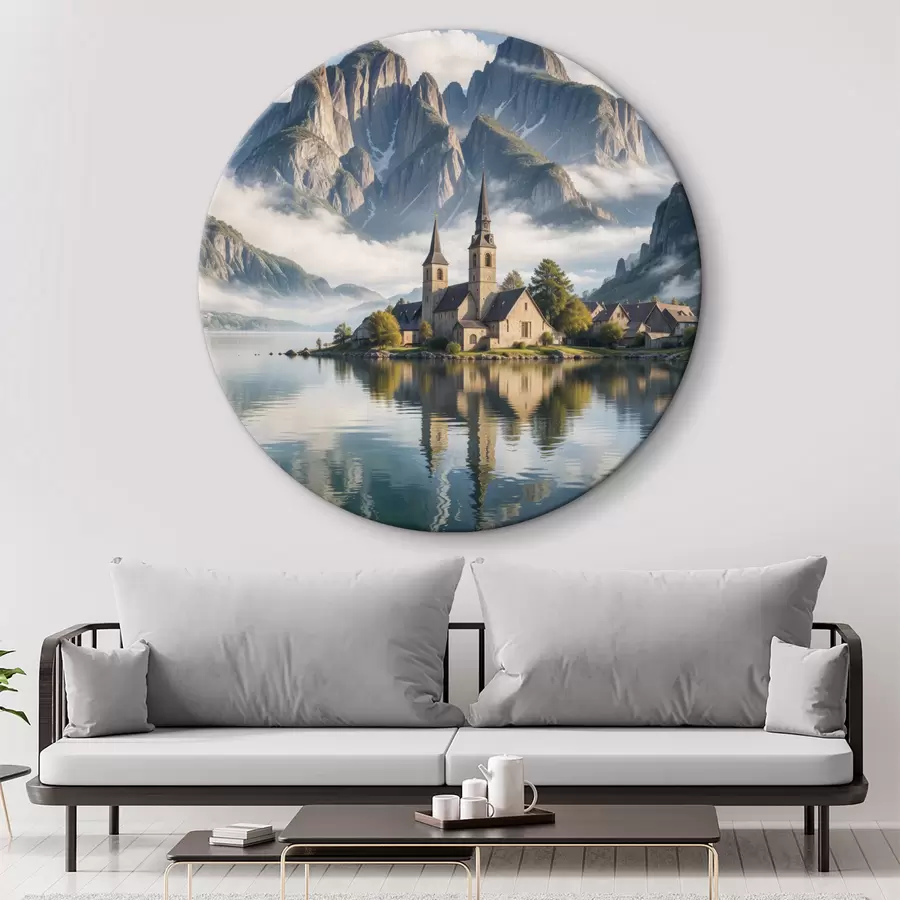 Wandbilder Ein malerisches Alpendorf an einem ruhigen See, über dem sich schneebedeckte Berge erheben r40554