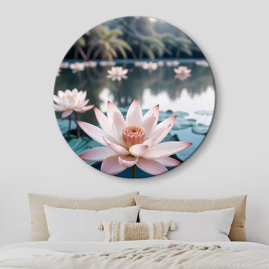 Wandbilder Ein Teich mit rosa Lotusblüten, die auf der Oberfläche schwimmen, umgeben von üppigem Grün und Palmen r40555