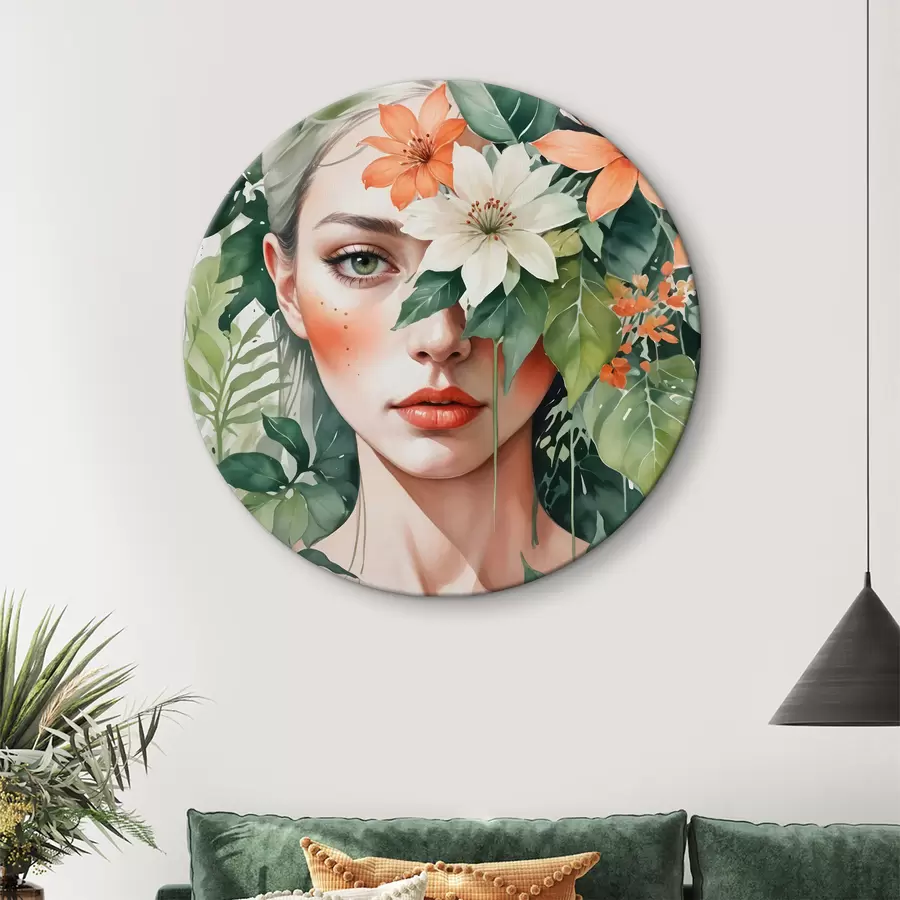 Wandbilder Blondhaarige Frau umgeben von leuchtend orangefarbenen und weißen tropischen Blumen, grünen Blättern und Vegetation r40557