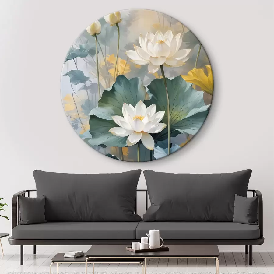 Wandbilder Weiße Lotusblumen in einem Teich mit grünen Seerosenblättern, umgeben von gelben Blumen und unscharfem Hintergrund r40559