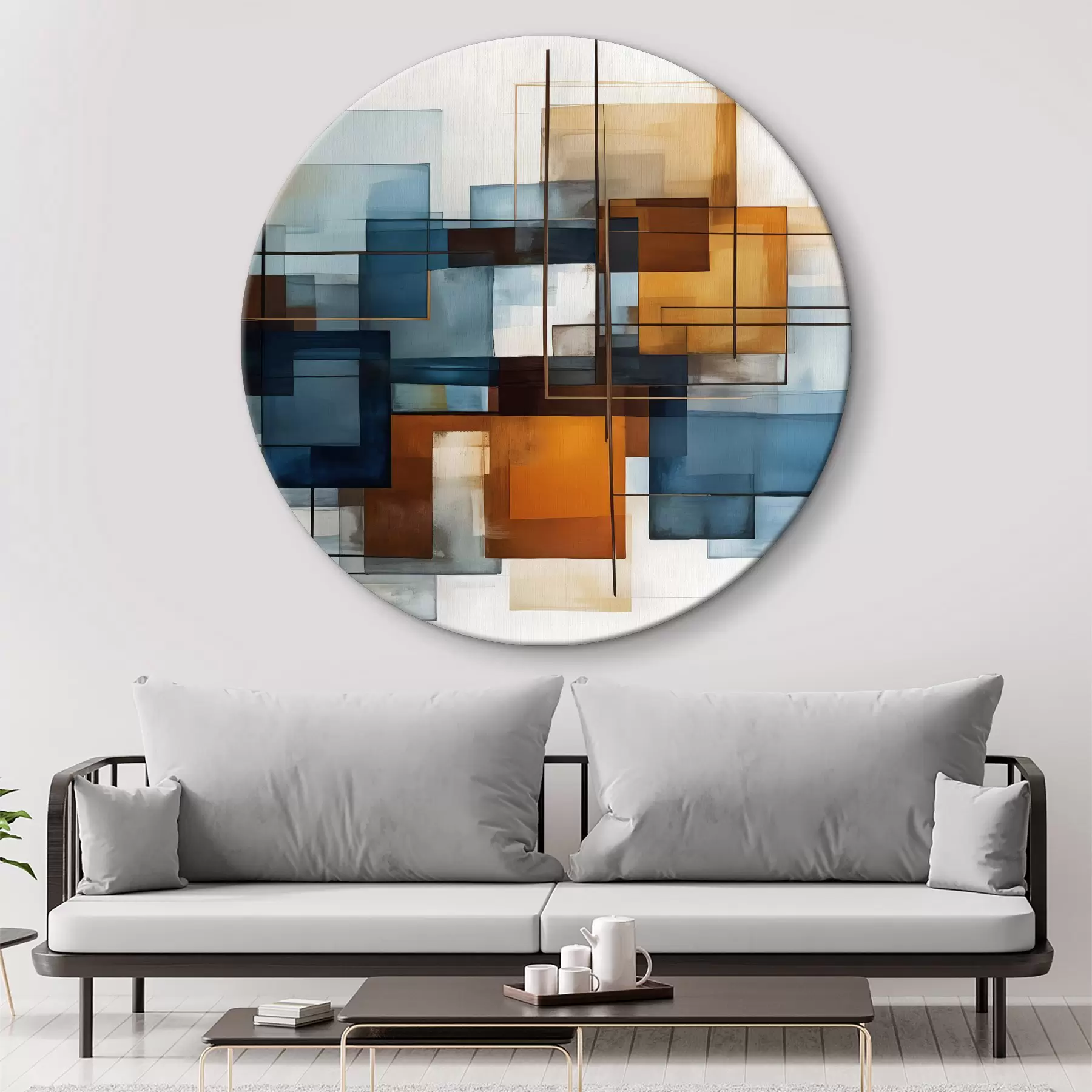 Wandbilder Abstrakte geometrische Formen in Blau-, Orange- und Brauntönen bilden eine moderne, minimalistische Komposition. r40563