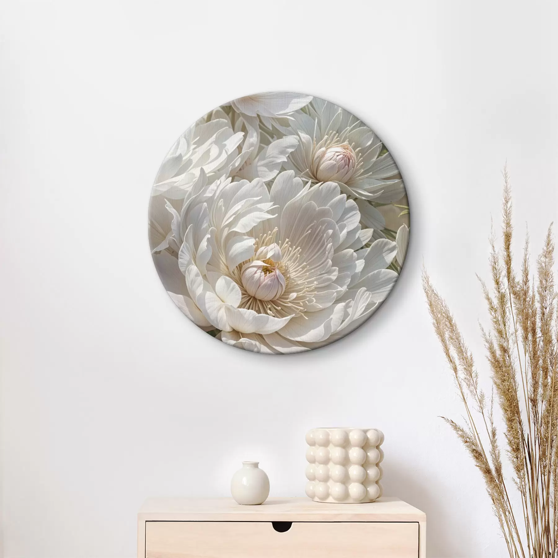 Wandbilder Nahaufnahme mehrerer großer, weißer Pfingstrosenblüten mit weichen, zarten Blütenblättern und leuchtend gelber Mitte r40575