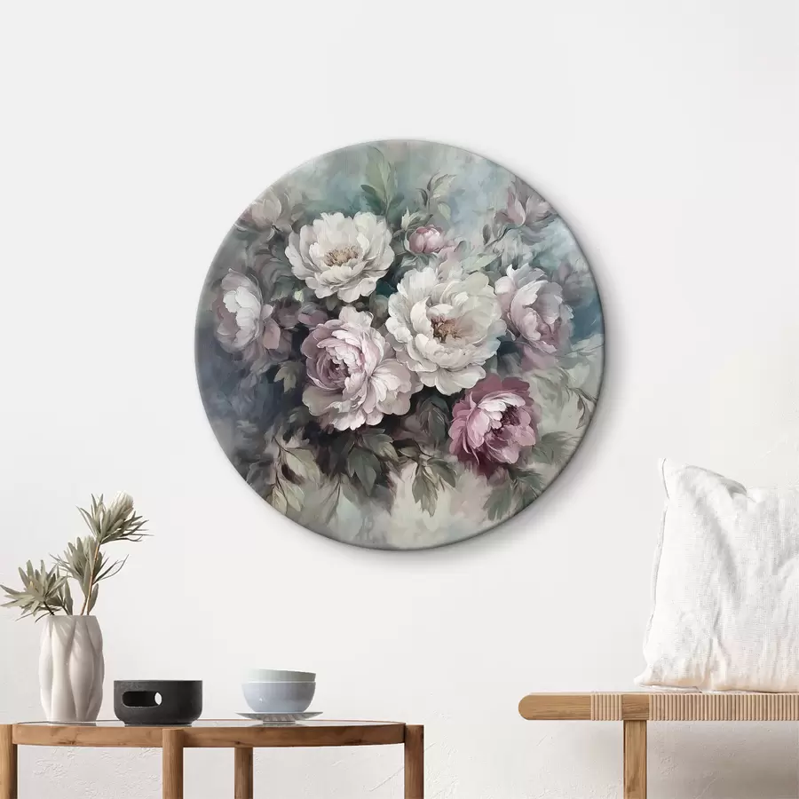 Wandbilder Ein Blumenstrauß aus rosa und weißen Pfingstrosen auf einem Ölgemälde r40582