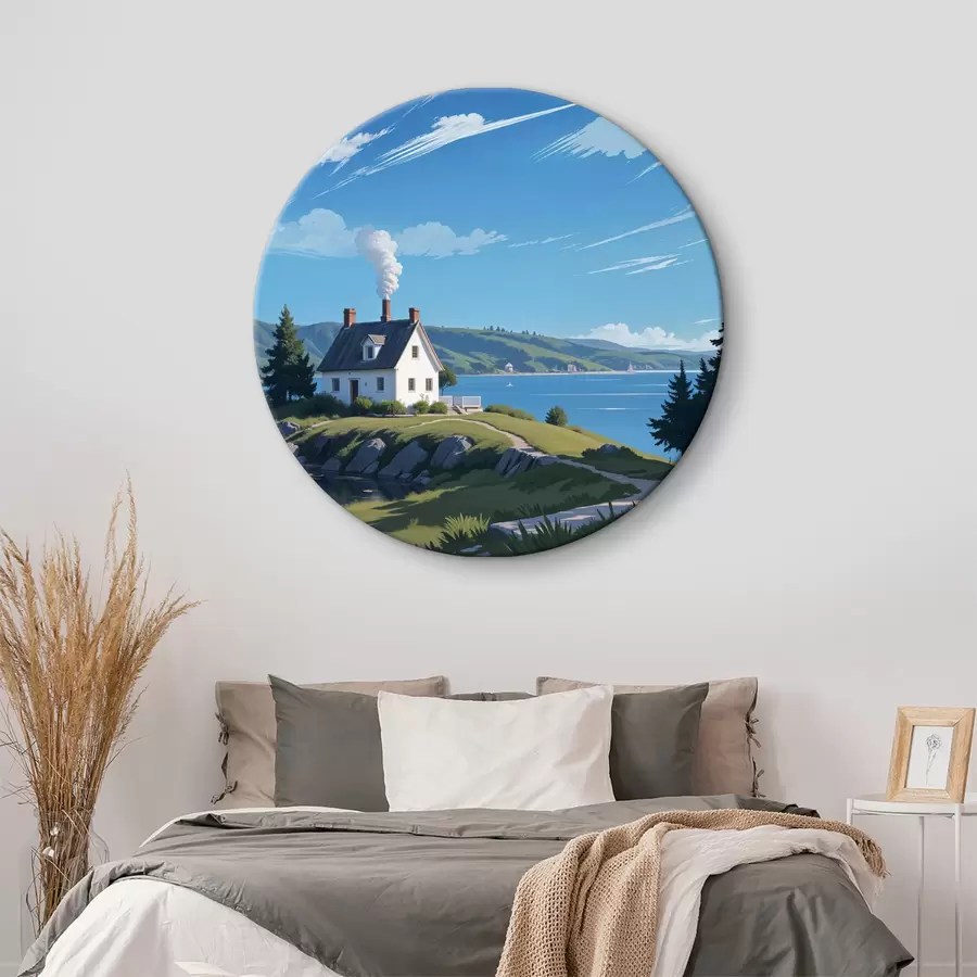 Wandbilder Ein weißes Haus auf einem grasbewachsenen Hügel mit Bergen im Hintergrund und einem blauen Himmel mit bauschigen Wolken r40587