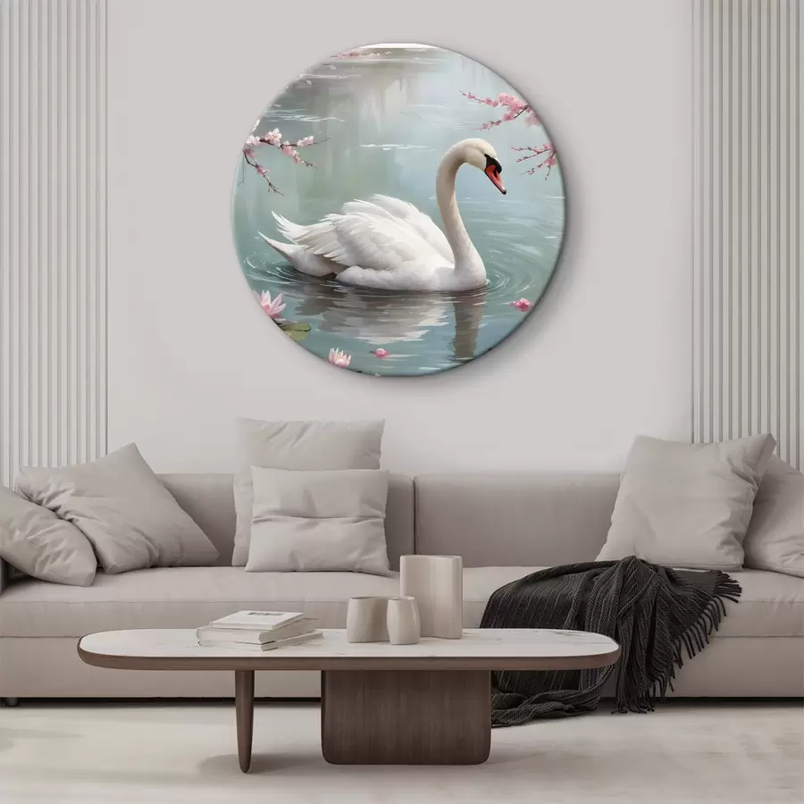 Wandbilder Anmutiger weißer Schwan schwimmt in einem ruhigen Teich, umgeben von blühenden rosa Kirschbäumen r40597