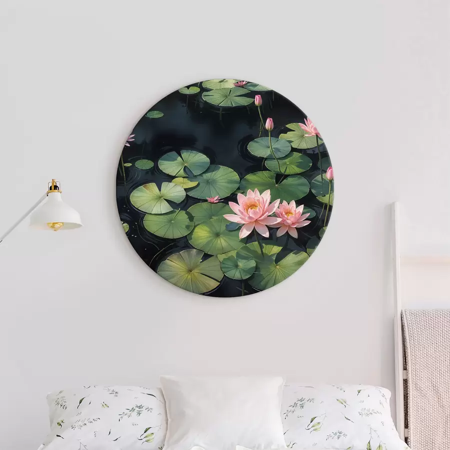 Wandbilder Ein Teich mit rosa Seerosen und grünen Seerosenblättern, die auf der Oberfläche schwimmen, umgeben von einem dunklen Hintergrund r40598