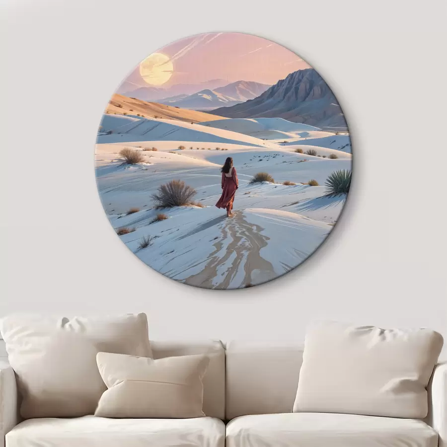 Wandbilder Frau in einem roten Kleid in einer Wüstenlandschaft mit einem Berg im Hintergrund und Dünen r40603