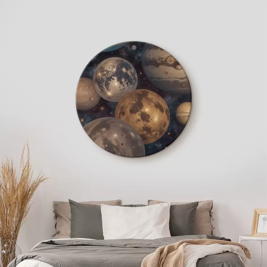 Wandbilder Abstrakter Weltraumdruck mit bunten Planeten und Monden, die im nächtlichen Sternenhimmel schweben r40607