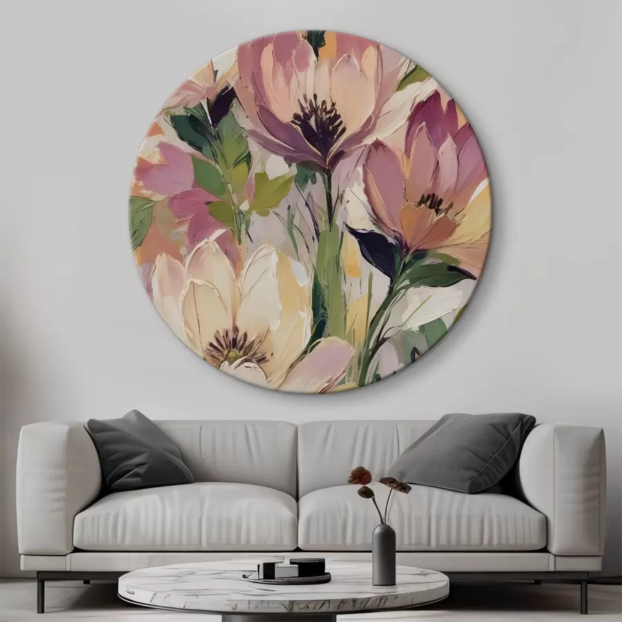 Wandbilder Ein lebhaftes Blumenarrangement mit großen, farbenfrohen Blumen in Rosa-, Pfirsich- und Gelbtönen r40609