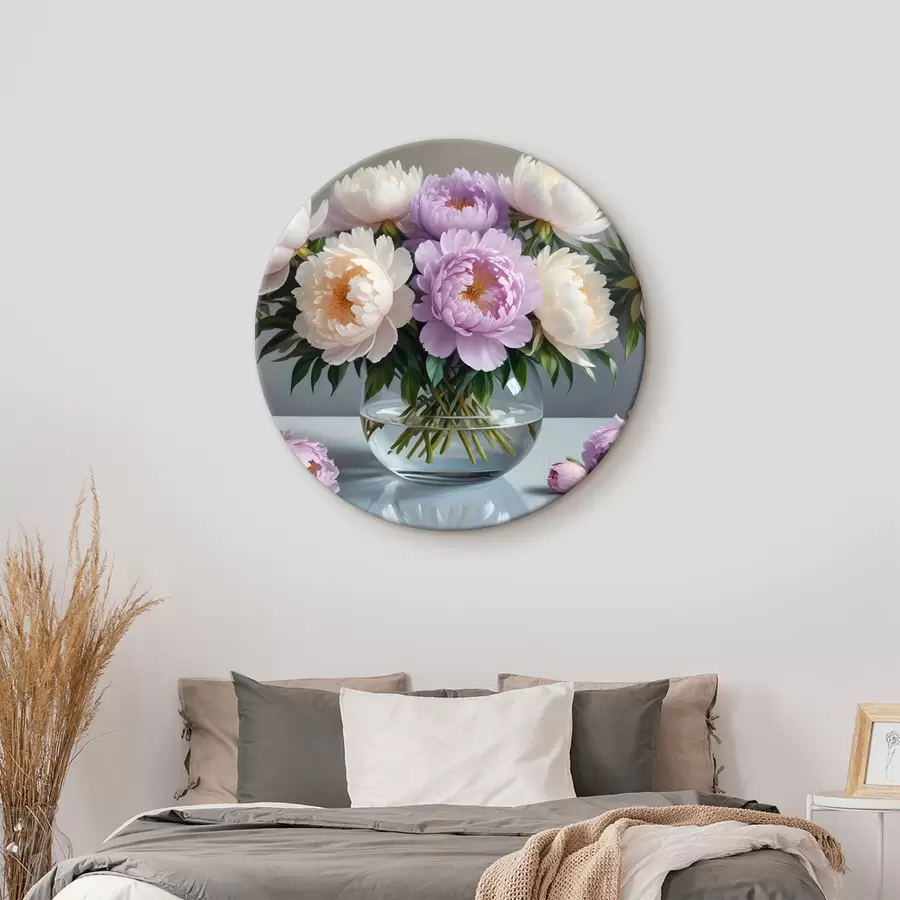 Wandbilder Ein Strauß großer, üppiger weißer und rosa Pfingstrosen in einer Glasvase auf grauem Hintergrund r40610