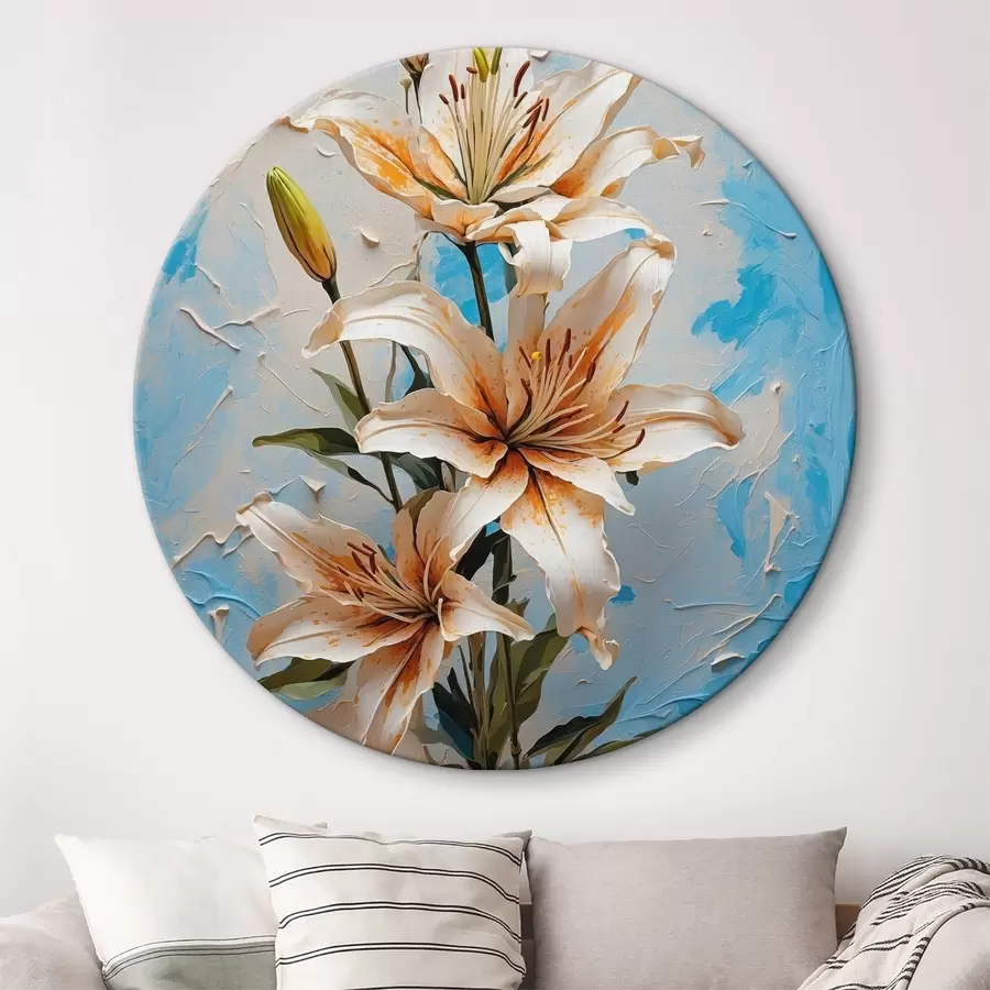 Wandbilder Lilien auf einem abstrakten blauen und weißen Hintergrund r40640