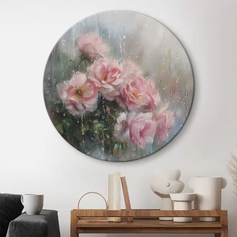 Wandbilder Ein Strauß rosa Rosen vor dem Fenster bei regnerischem Wetter r40656