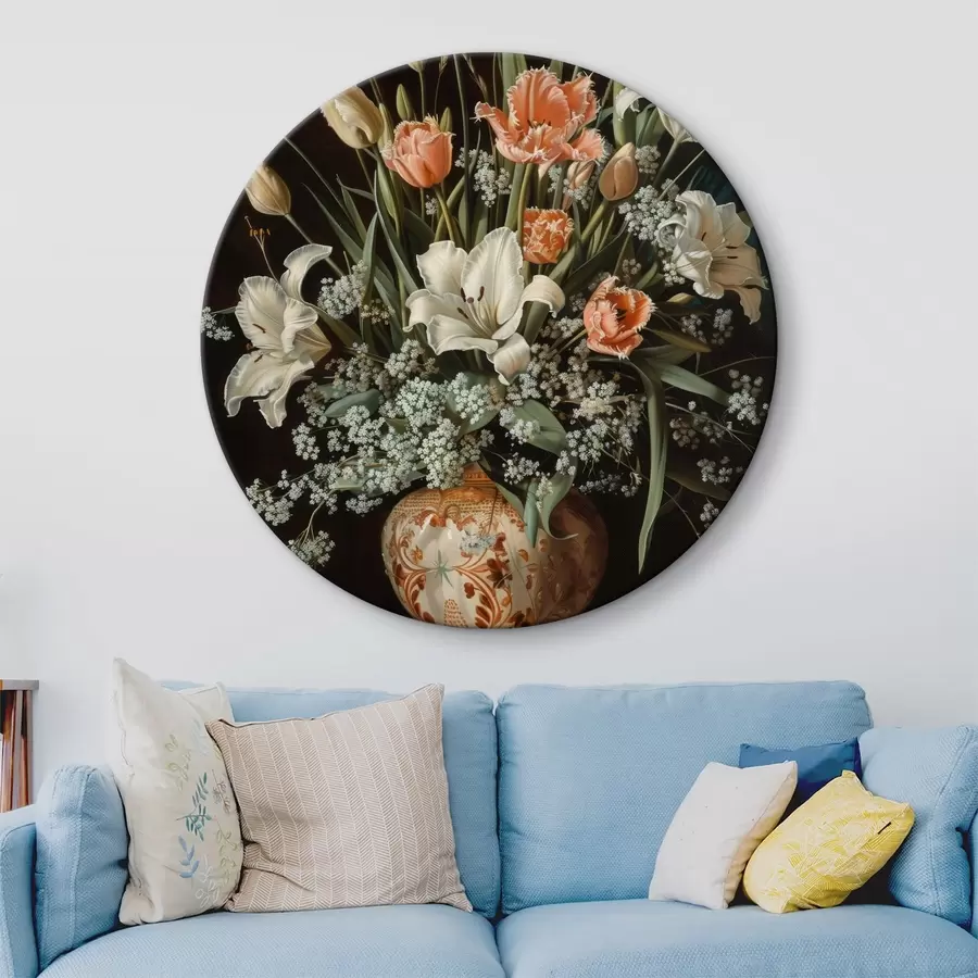 Wandbilder Extravagantes Barockstillleben mit einer Vase, gefüllt mit Tulpen, Nelken und Hyazinthen, Nachahmung eines Ölgemäldes r40658