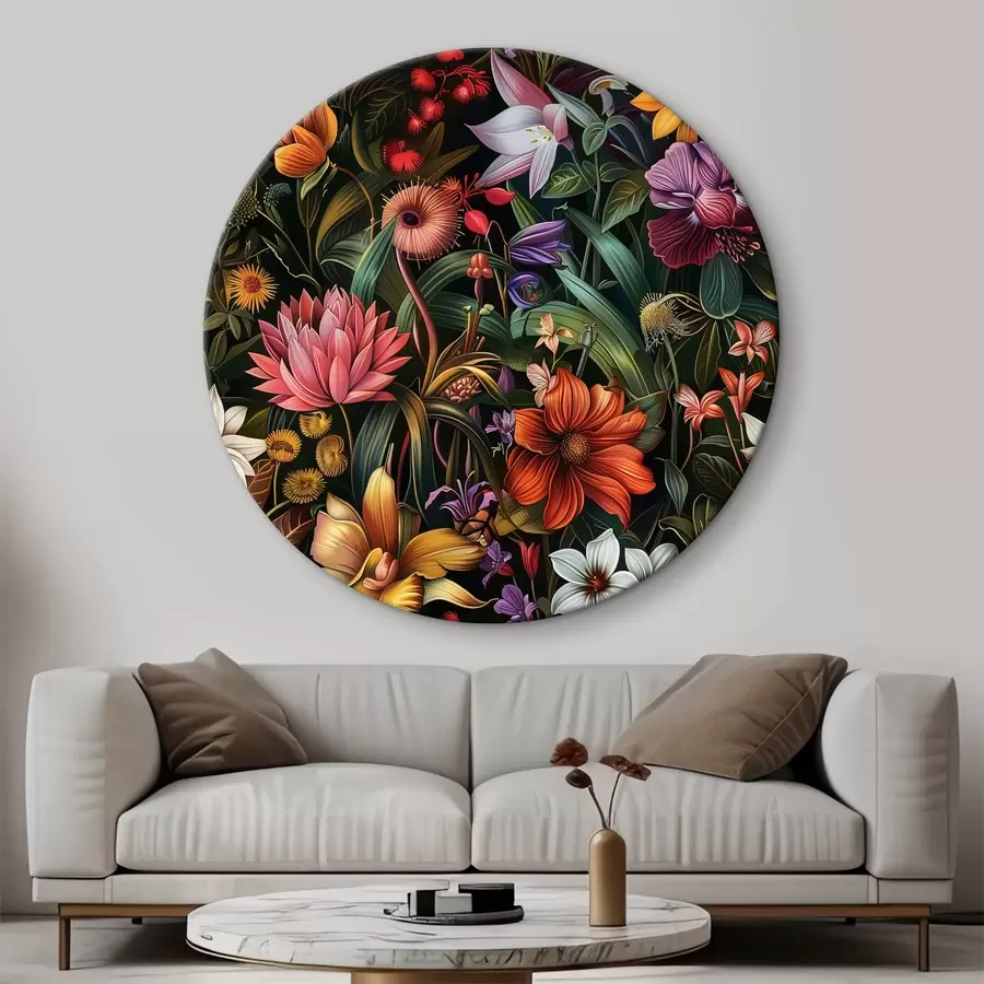 Wandbilder Tropische Komposition mit verschiedenen Grünpflanzen und tropischen Blumen r40667