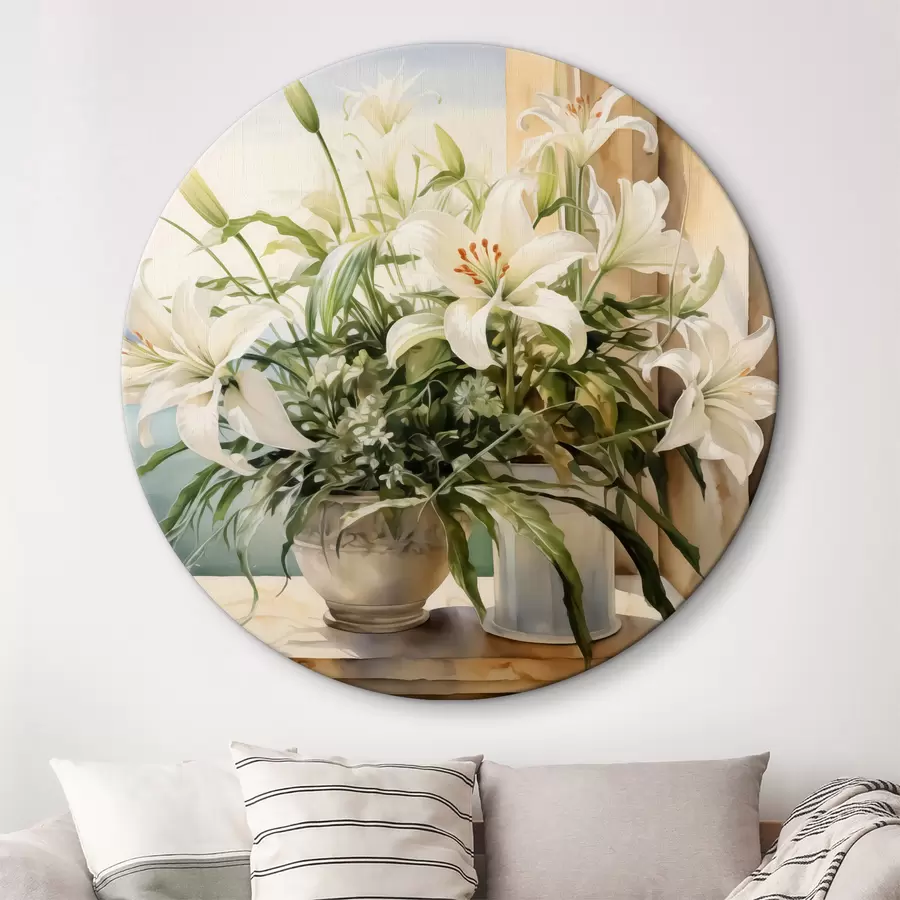 Wandbilder Weiße Lilien in einer Vase auf dem Balkon mit Blick auf das Meer und die Berge Aquarell r40682