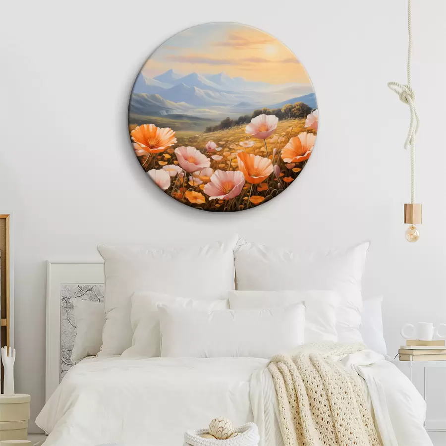 Wandbilder Ein Mohnblumenfeld in der Morgendämmerung mit Bergen im Hintergrund r40730