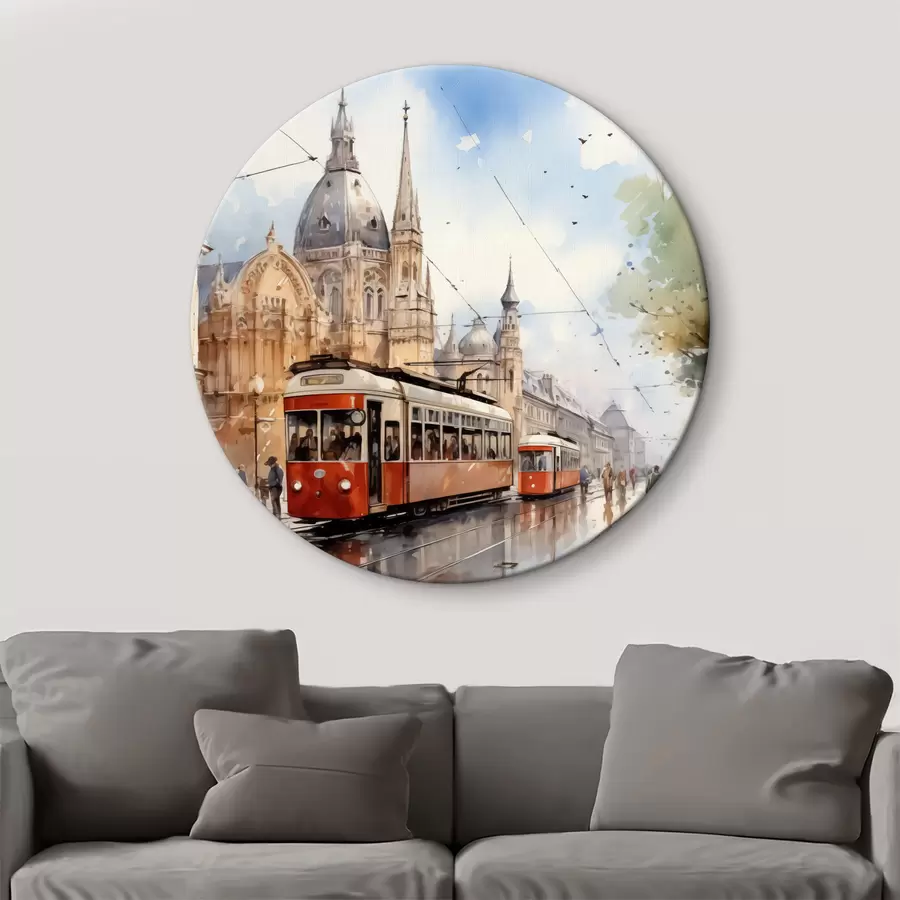 Wandbilder Rote Straßenbahn auf einer Wiener Straße Aquarell r40732