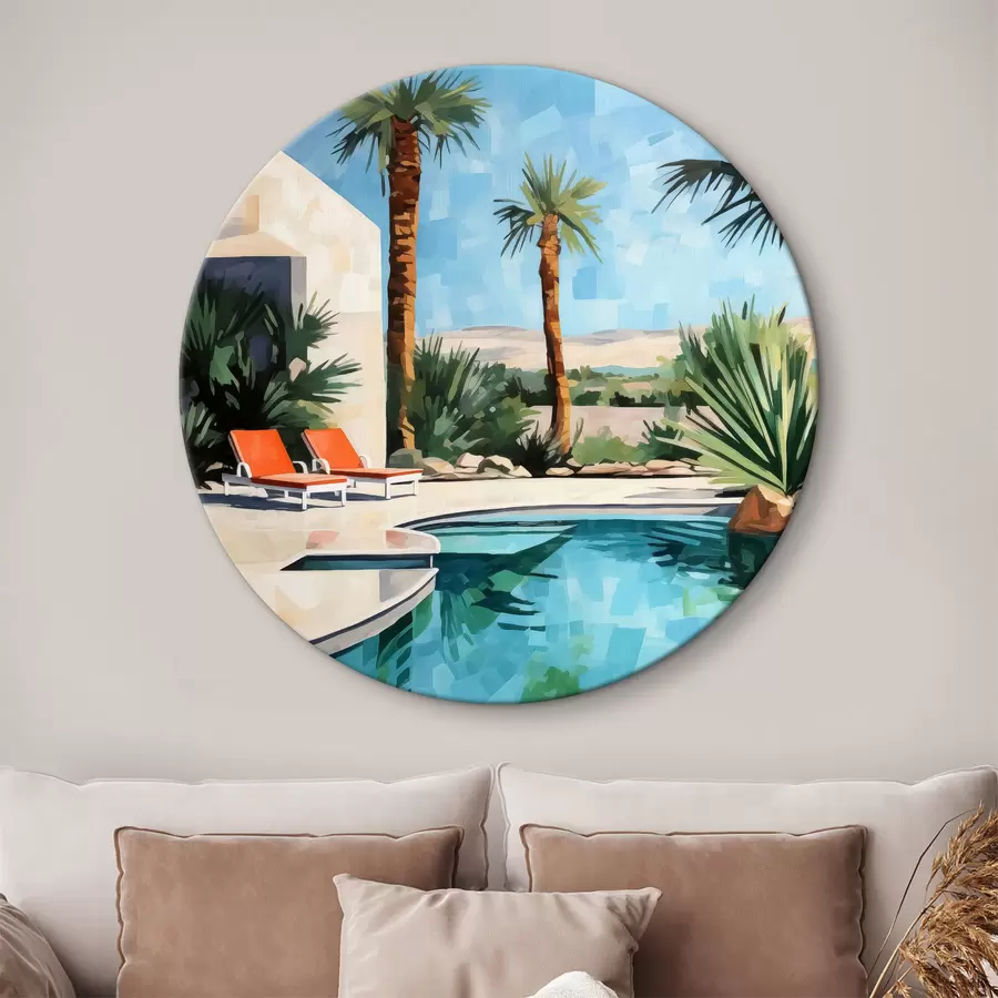 Wandbilder Palmen in der Nähe des Hotels mit einem Schwimmbad in der Nähe der Felsen, blau, grün, rot Farben r40748