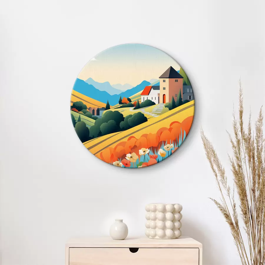 Wandbilder Helle ländliche Landschaft mit Feldern, Mohnblumen und Häusern r40756