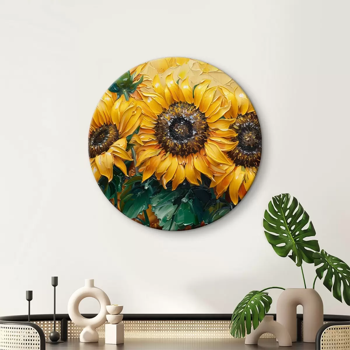 Runde Gemälde Helle Sonnenblumen, Ölfarbe r40787