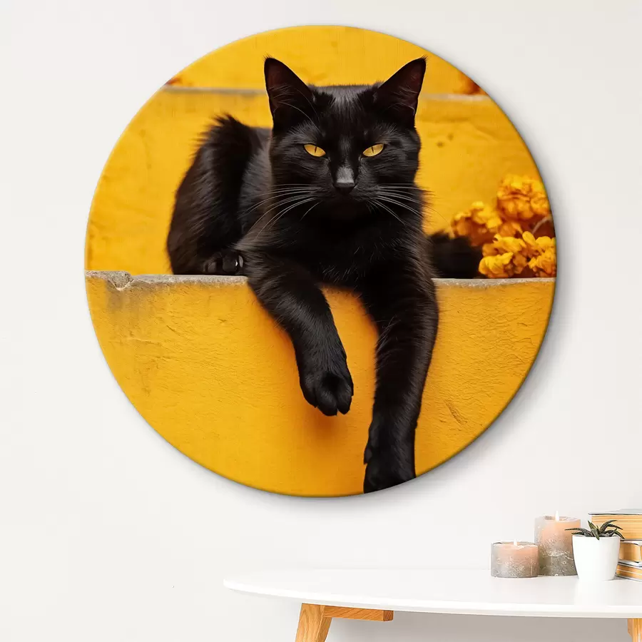 Wandbilder Eine schwarze Katze liegt auf der gelben Treppe r40798