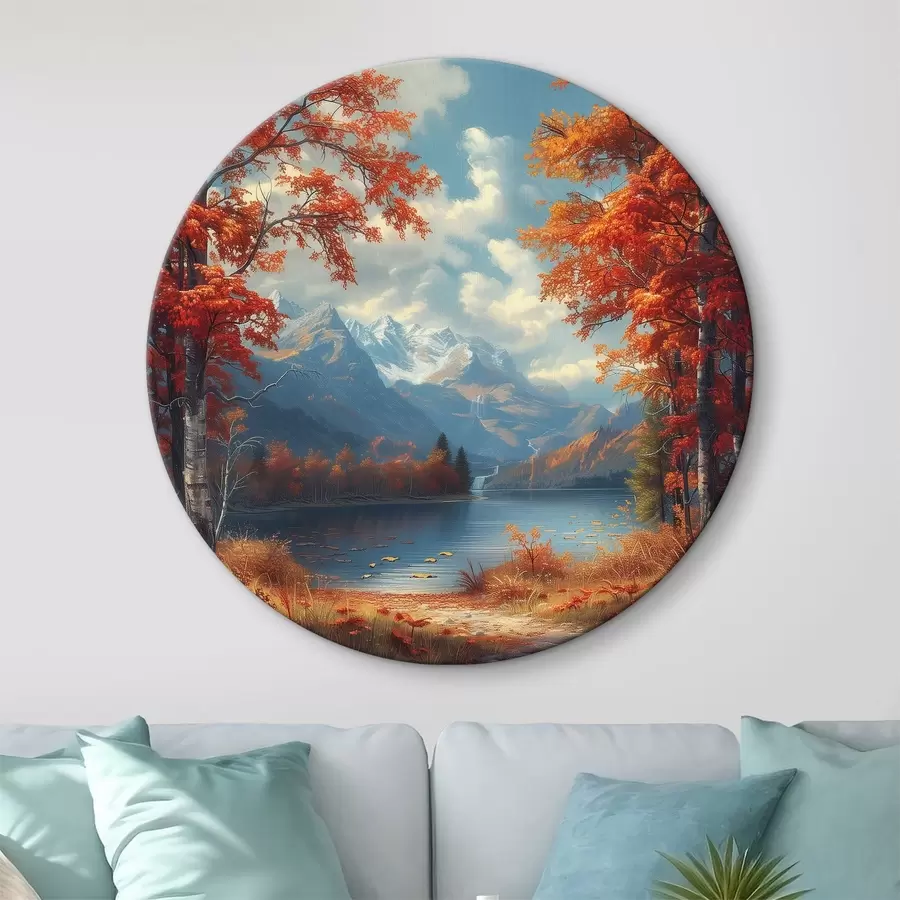 Wandbilder Herbstlandschaft vor dem Hintergrund der Berge in der Nähe des Teiches r40903