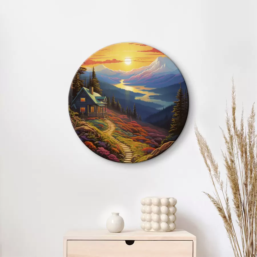 Wandbilder Bunte Landschaft mit Bergen und Holzhaus, Sonnenuntergang Farben r40941