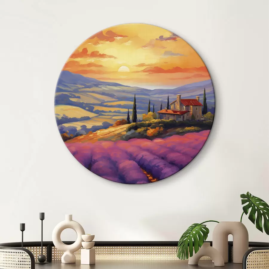 Wandbilder Sonnenuntergang in der Toskana, Lavendelfelder, schöne Landschaften, Aquarell r40942